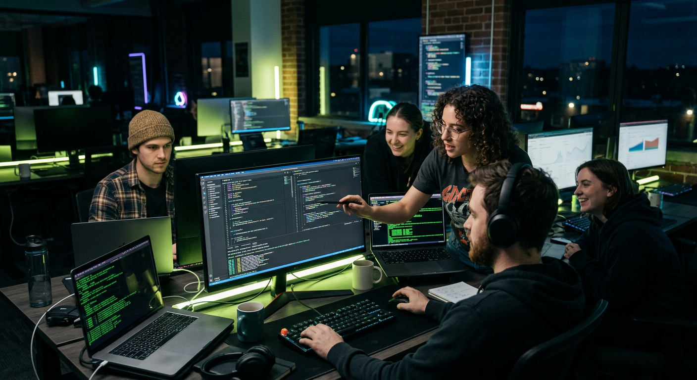 The Traffic Bots engineering team collaborating in front of monitors with code